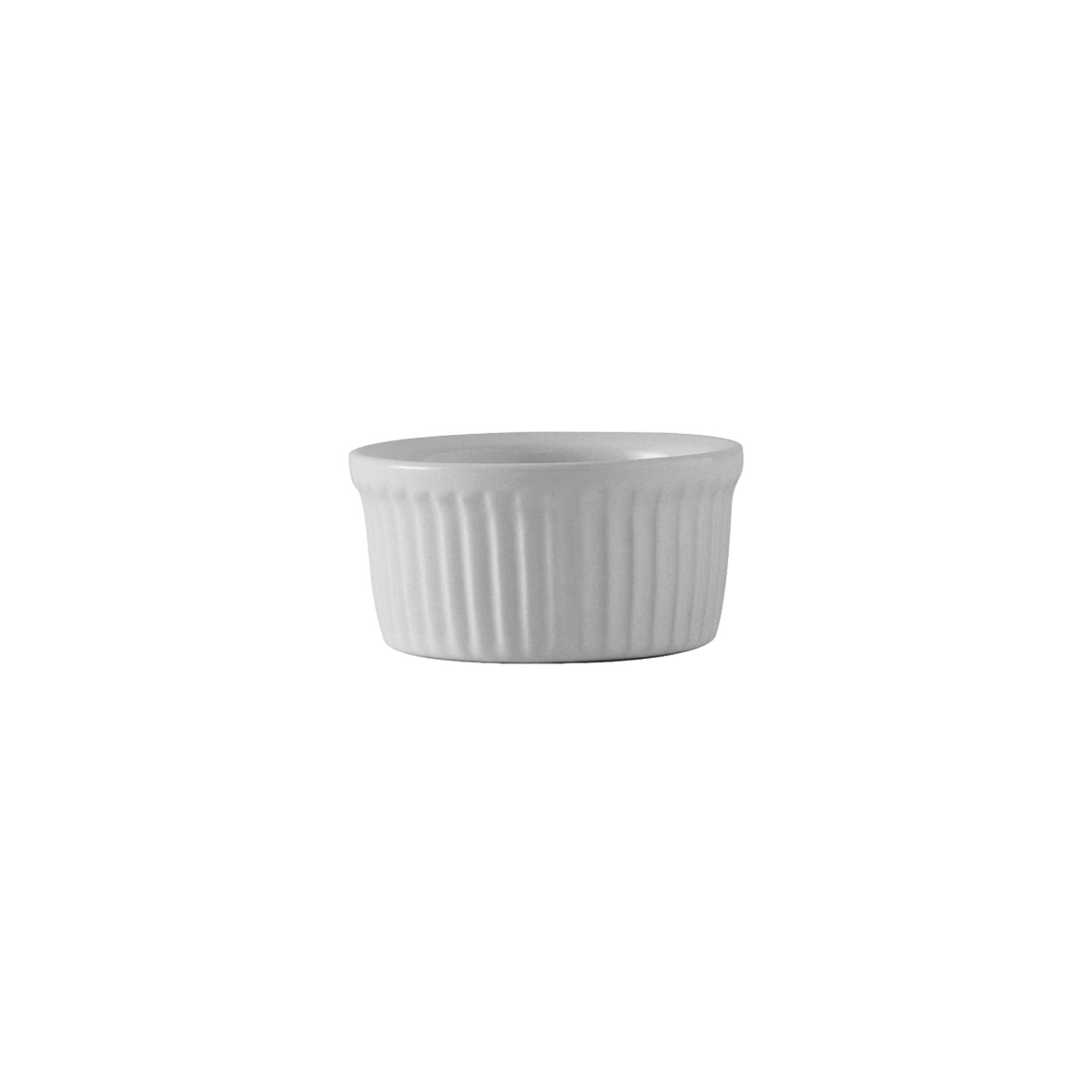 Tuxton white fluted china ramekin shown from a slight angle, displaying the fluted sides and wide rim