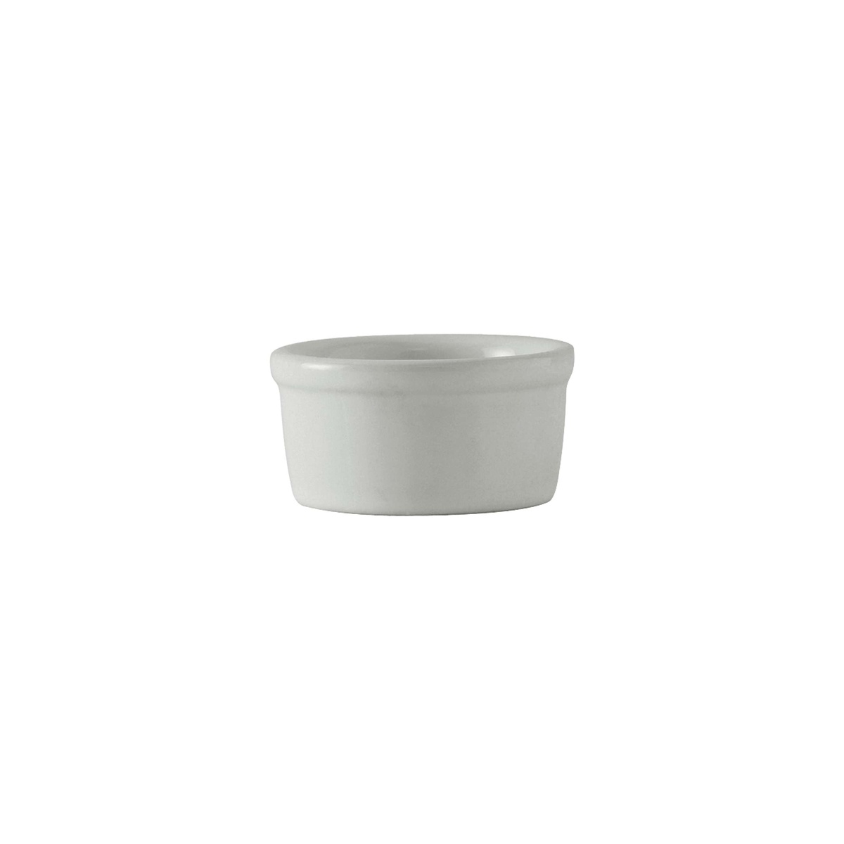 Tuxton white china ramekin with wide rolled rim and straight cylindrical body, product-on-white