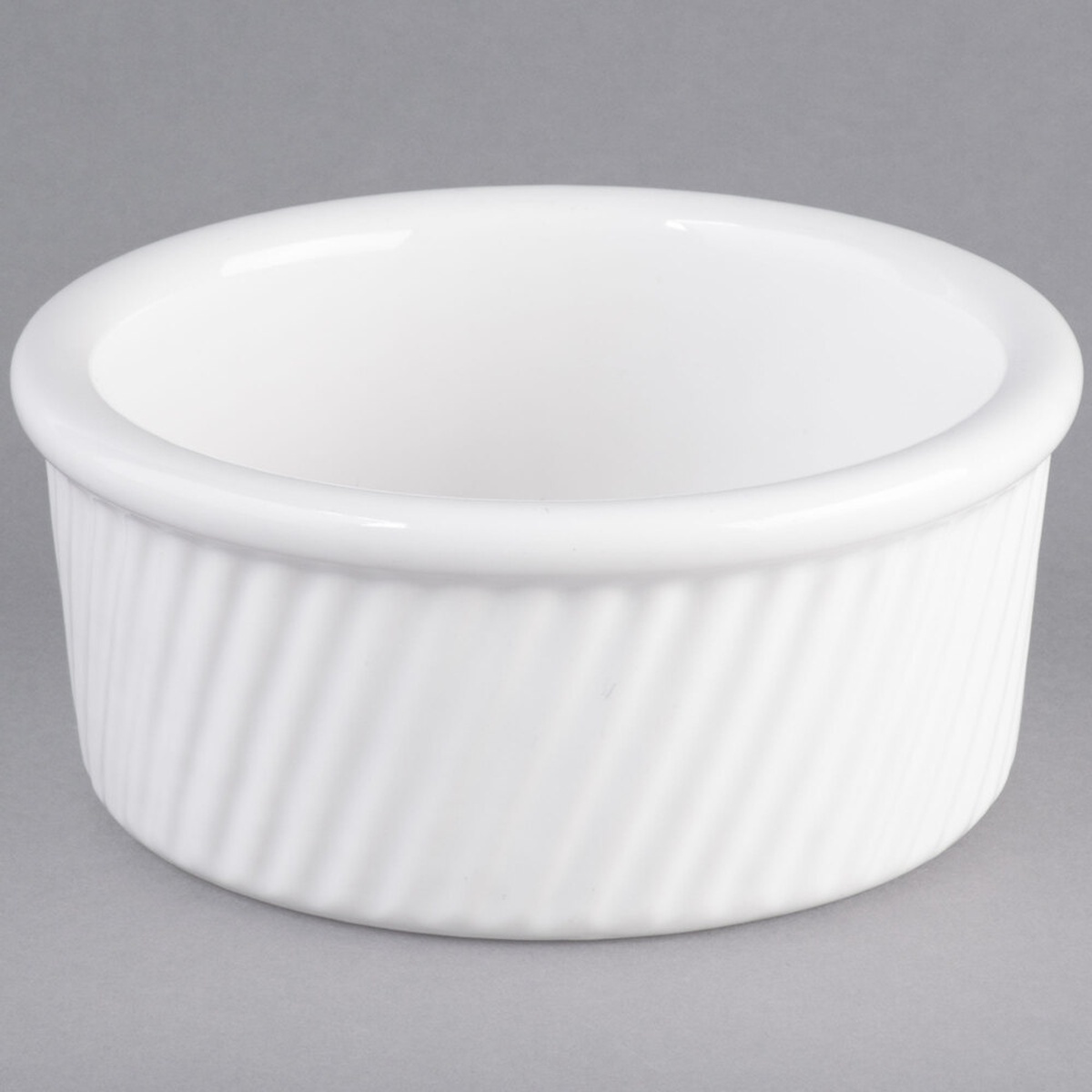 Tuxton BWX-1604 white china souffle ramekin with swirl sides, product view