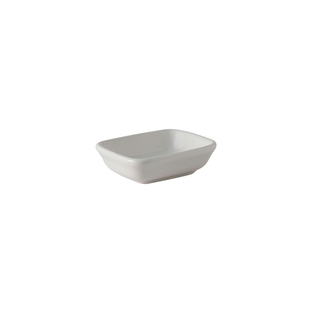 Tuxton BWZ-040B bright white rectangular china sauce dish, 4 oz capacity with flat base and glossy finish