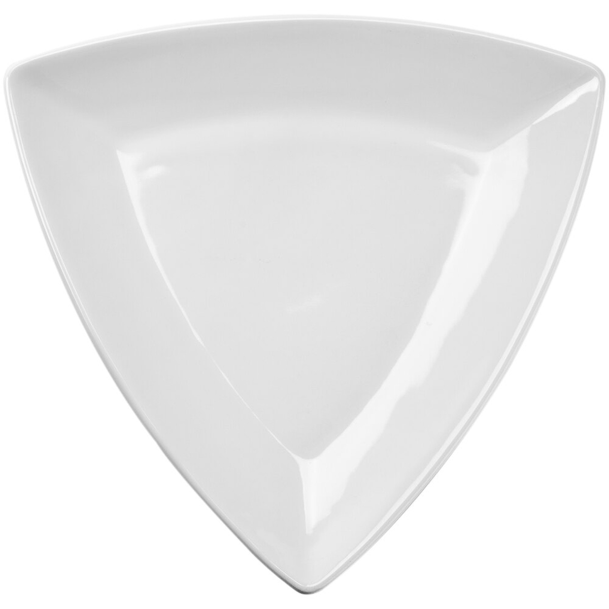 Tuxton BWZ-1248 12-1/2 inch white triangular china plate with rolled edges, top-down view on white background