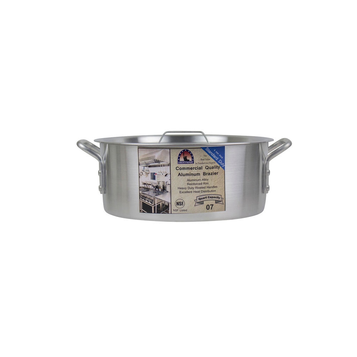 Libertyware 7 Quart Aluminum Brazier front view showing NSF certification label