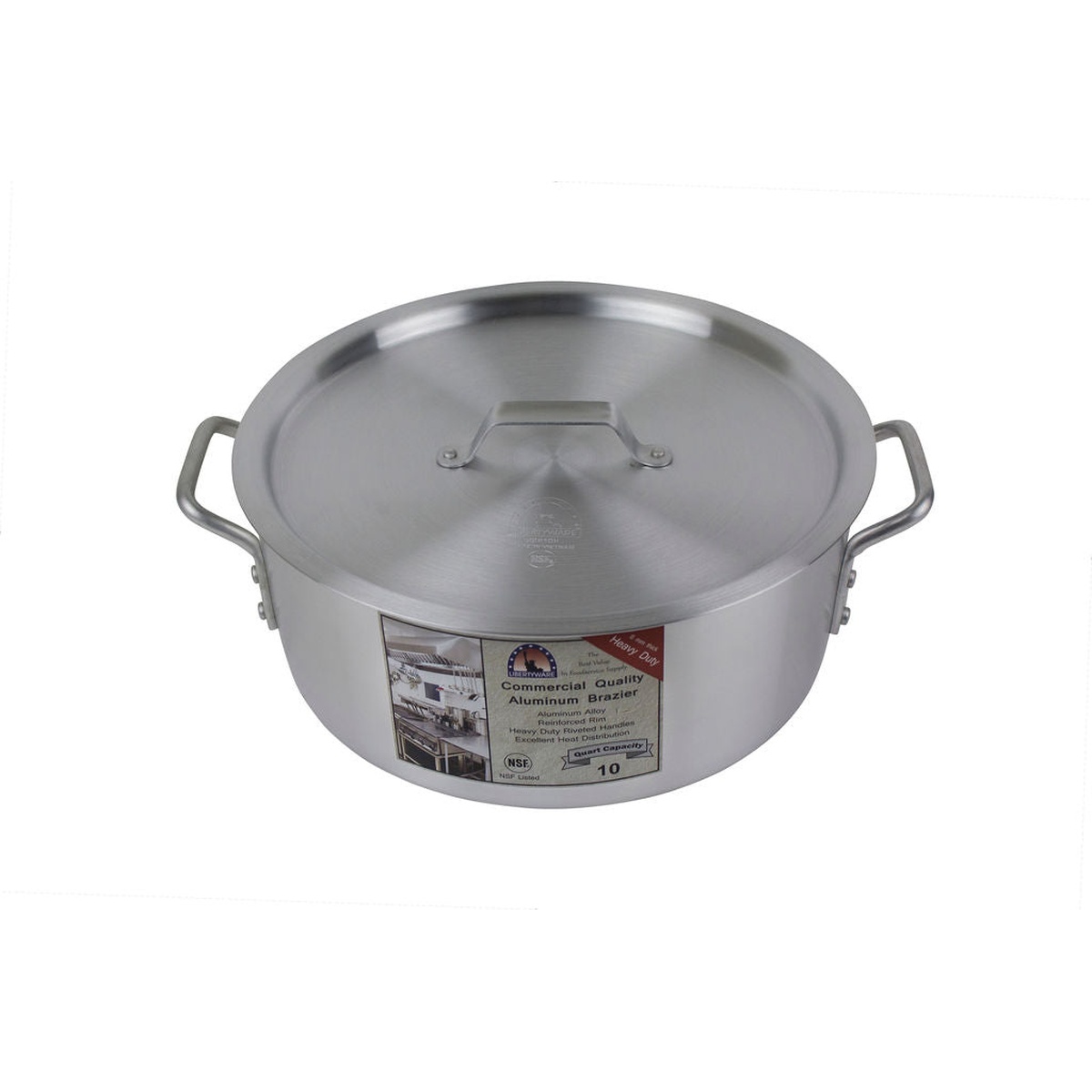 Libertyware BZR10H 10 qt. aluminum brazier with lid seated on top, side view