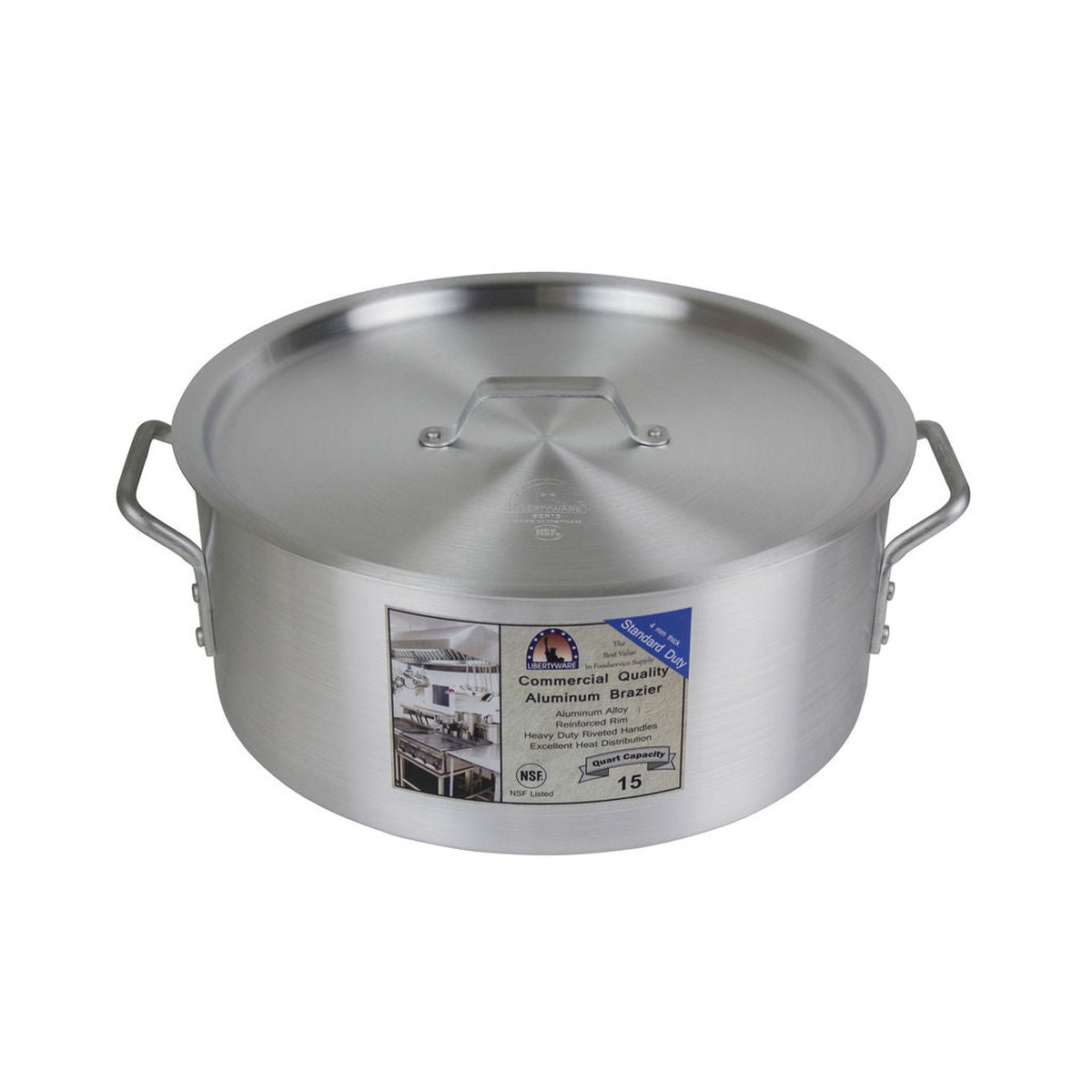 Libertyware BZR15 aluminum brazier with aluminum cover in place, front view showing full profile and side handles