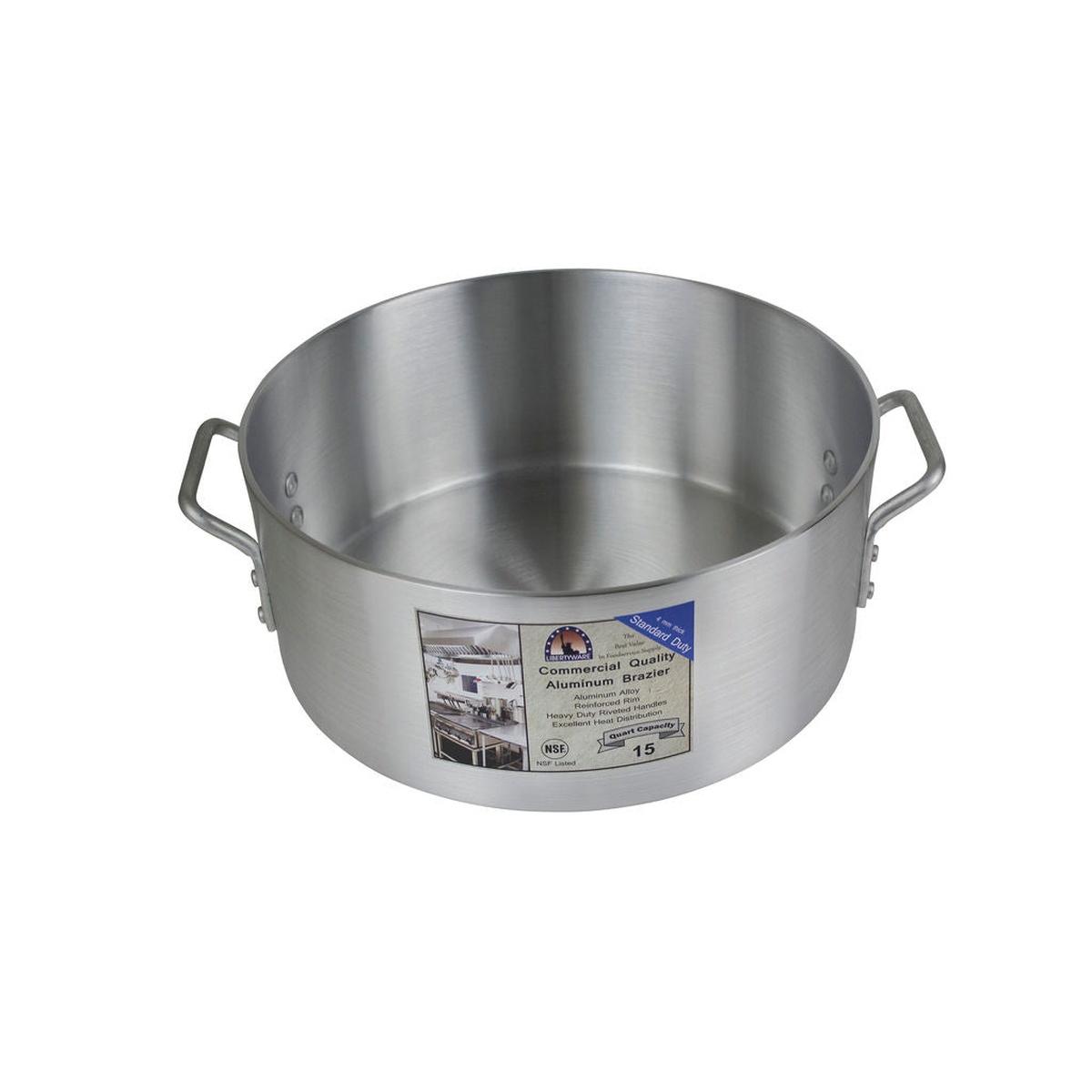 Libertyware BZR15 aluminum brazier without cover, angled view showing spacious interior cooking surface and brushed aluminum finish