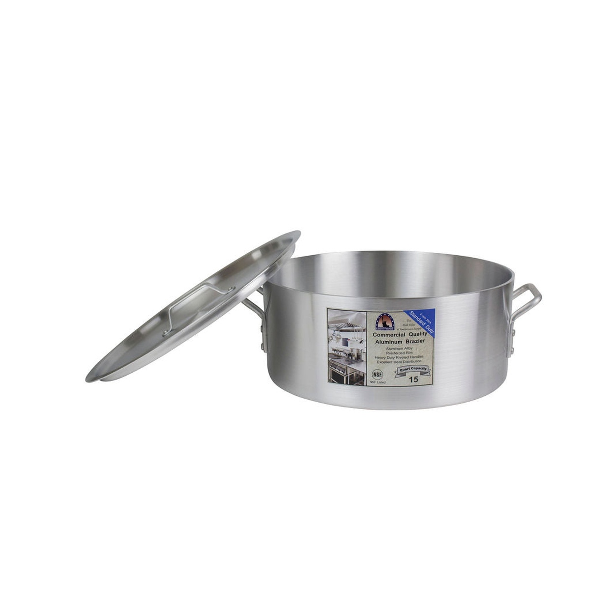Libertyware BZR15 aluminum brazier with cover resting beside it at an angle, showing the open pot interior and side handles