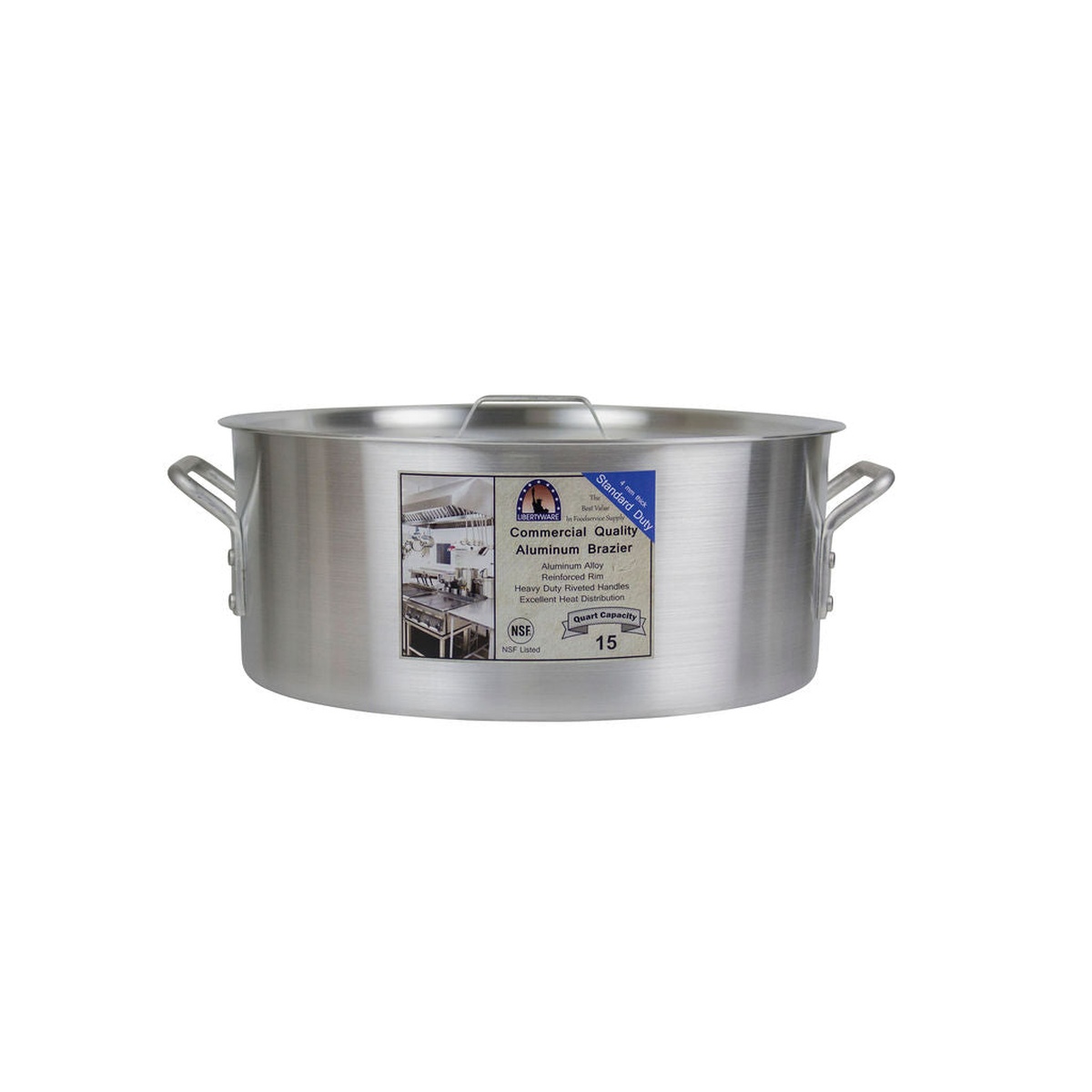 Libertyware BZR15 15-quart aluminum brazier without cover, showing riveted side handles and brushed aluminum exterior