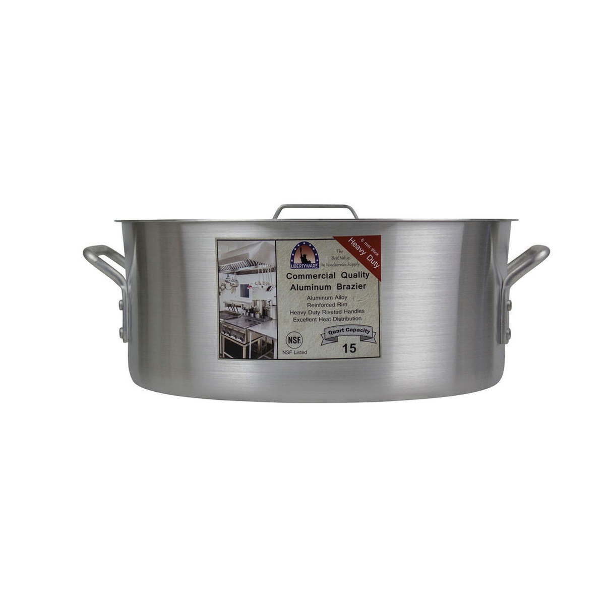 Libertyware BZR15H 15 Qt aluminum brazier front view without cover, showing riveted handles and product label