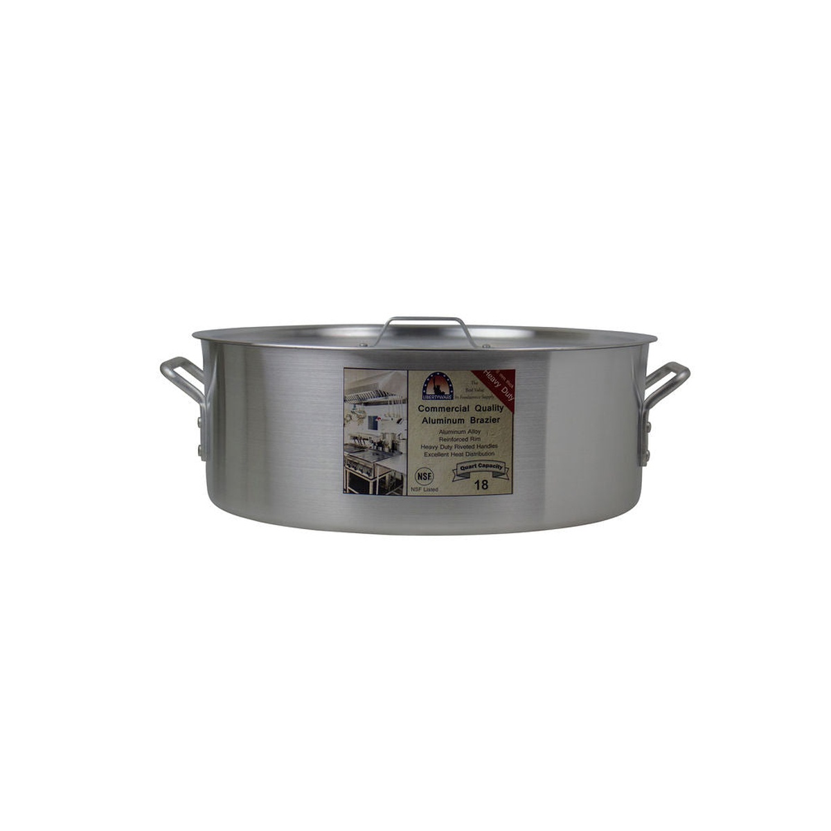 Libertyware BZR18H 18 quart aluminum brazier without cover showing NSF label and riveted handles