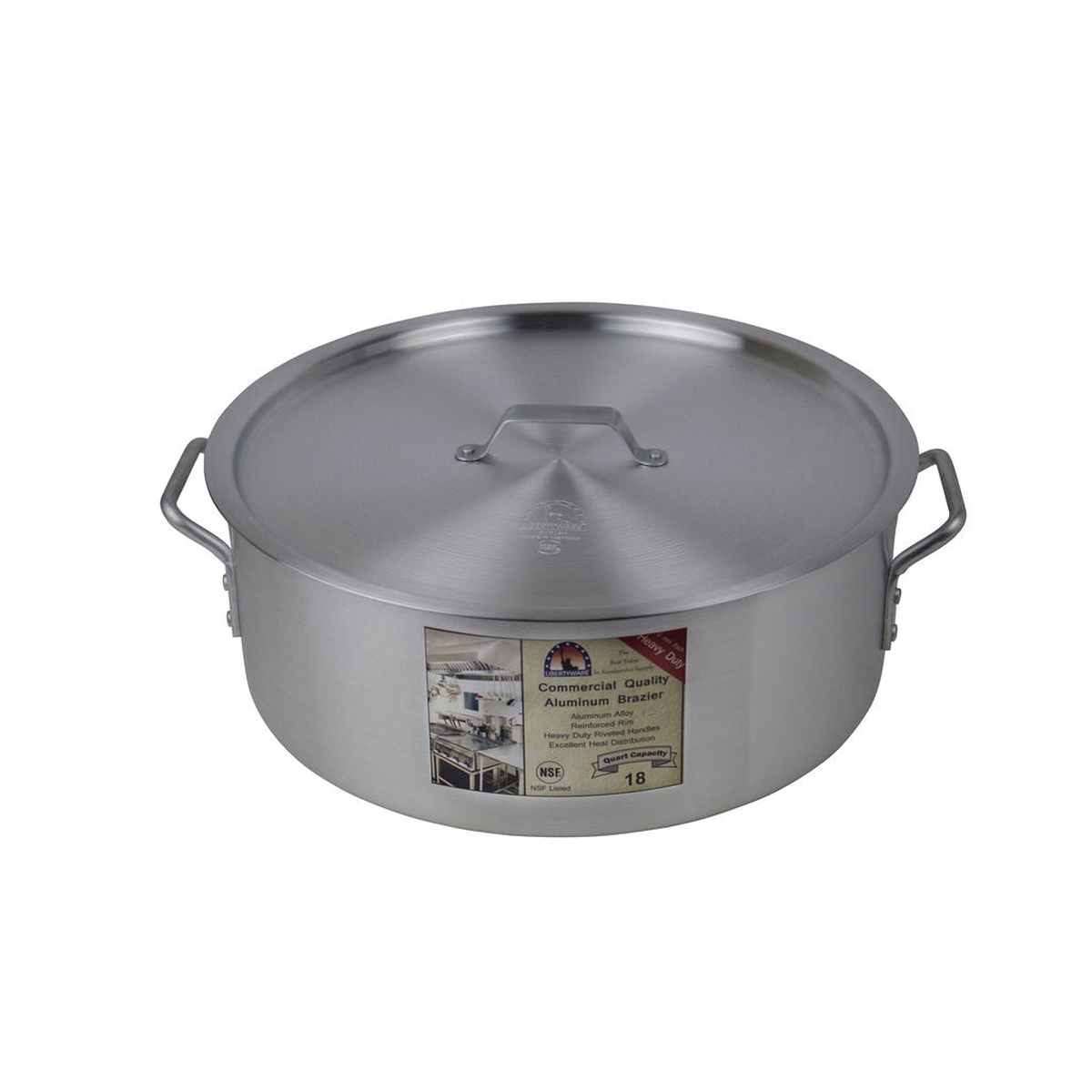 Libertyware BZR18H brazier with aluminum cover fitted on top, angled view showing handles and label