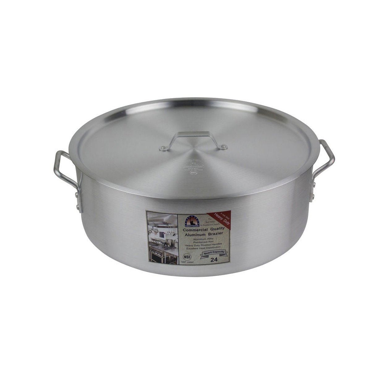 Libertyware BZR24H 24-quart aluminum brazier with cover on, side view showing full profile