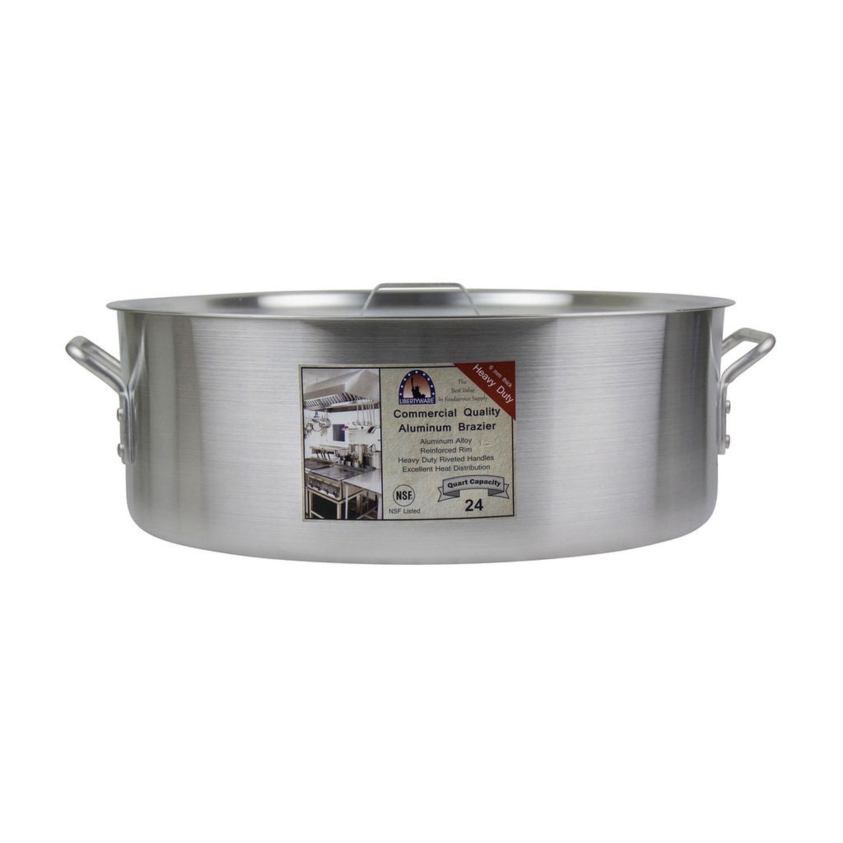 Libertyware BZR24H 24-quart aluminum brazier without cover, front view showing riveted handles and label