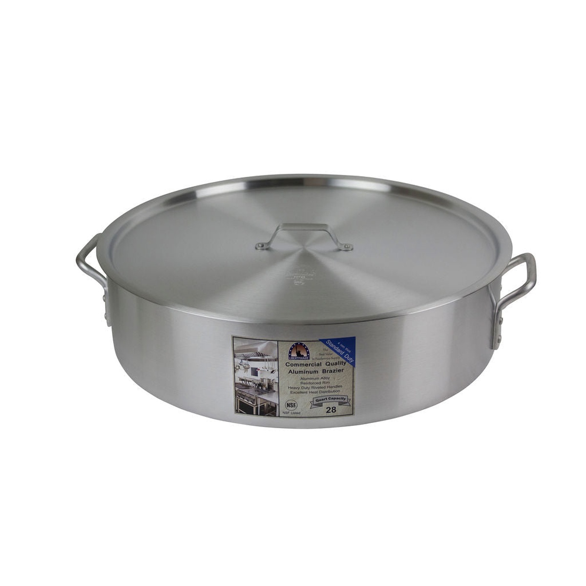 Libertyware BZR28 28-quart aluminum brazier with fitted cover, angled view showing handle and side handles