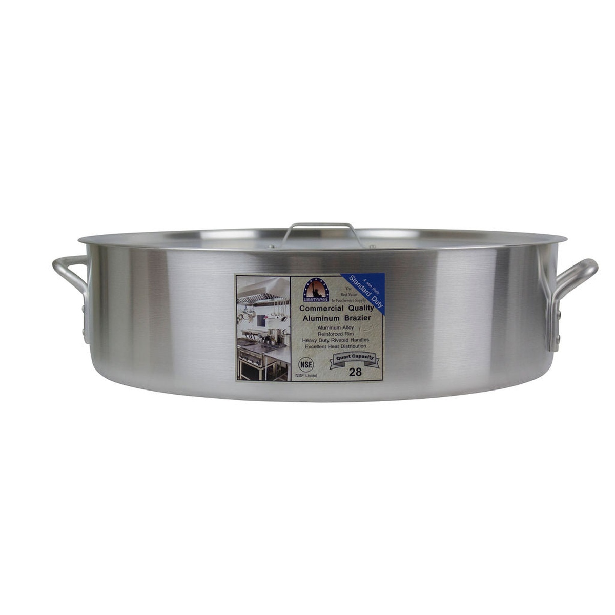 Libertyware BZR28 28-quart aluminum brazier without cover, front view showing label and riveted handles