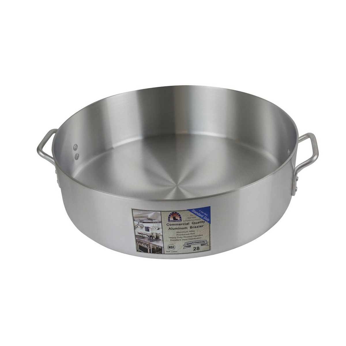 Libertyware BZR28 28-quart aluminum brazier without cover, overhead angled view showing full interior and riveted side handles