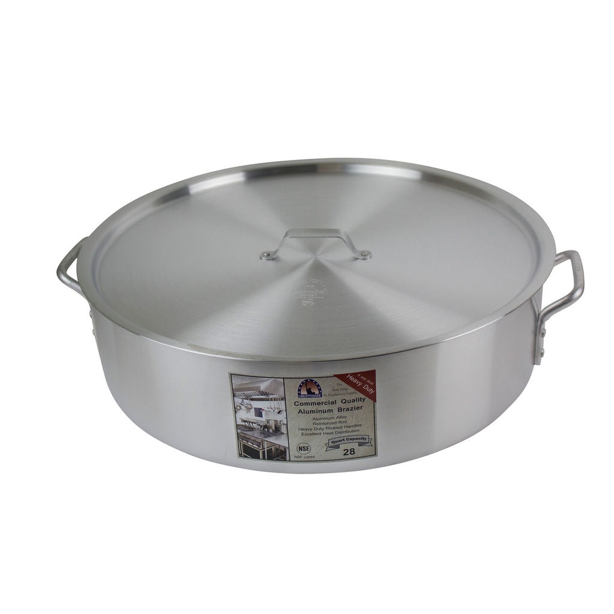 Libertyware BZR28H 28 qt aluminum brazier angled top view with aluminum lid in place