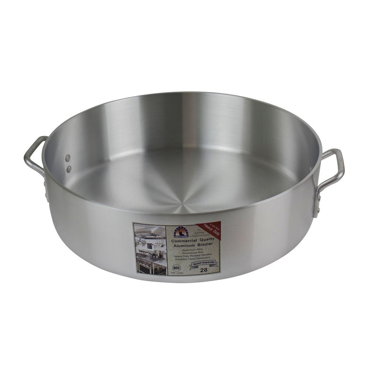 Libertyware BZR28H 28 qt aluminum brazier interior top-down view showing wide cooking surface and riveted side handles