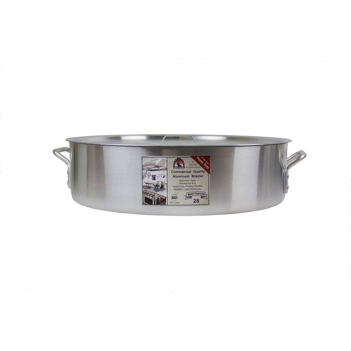 Libertyware BZR28H 28 qt aluminum brazier side view without lid showing riveted handles and reinforced rim