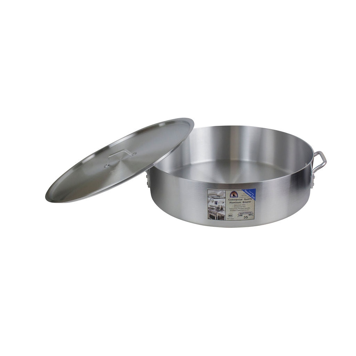 Libertyware BZR35 aluminum brazier with cover resting against the pan, showing both components at an angle