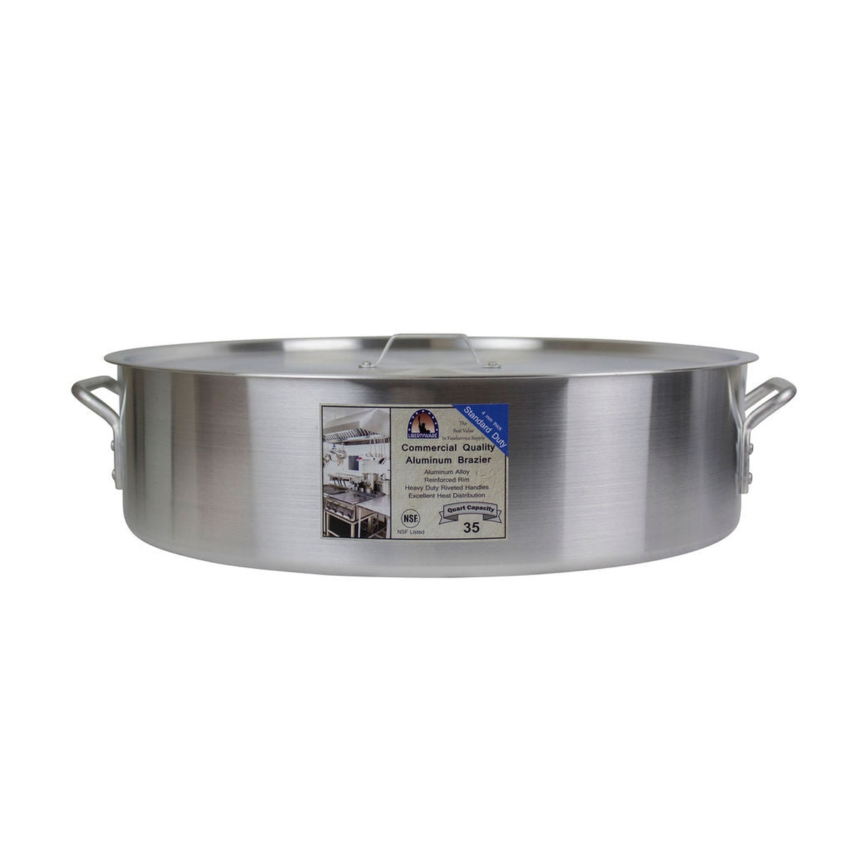 Libertyware BZR35 35-quart aluminum brazier shown with cover slightly offset, label visible on front