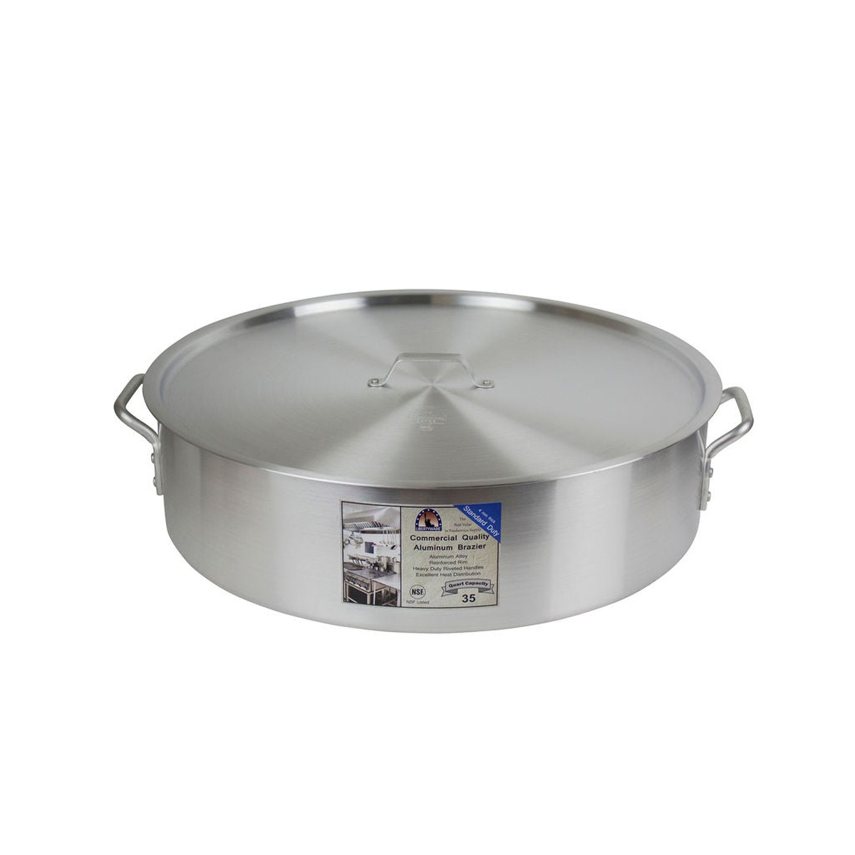 Libertyware BZR35 aluminum brazier with cover fully seated, showing the flat lid and dual handles