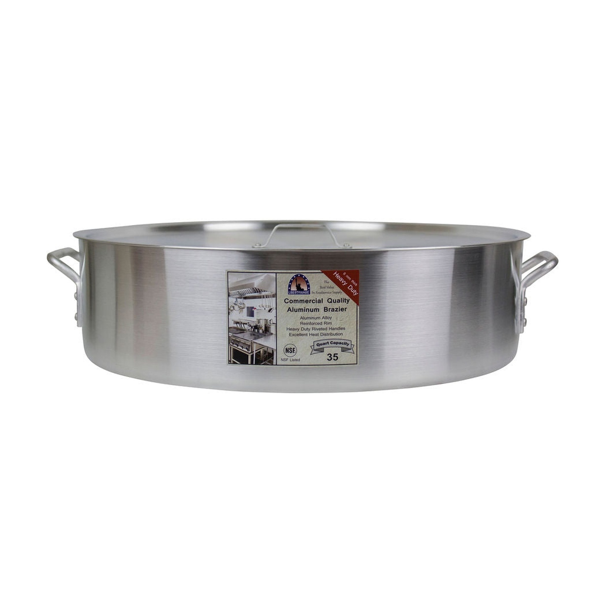 Libertyware BZR35H 35-quart aluminum brazier without cover, front view showing riveted handles and label