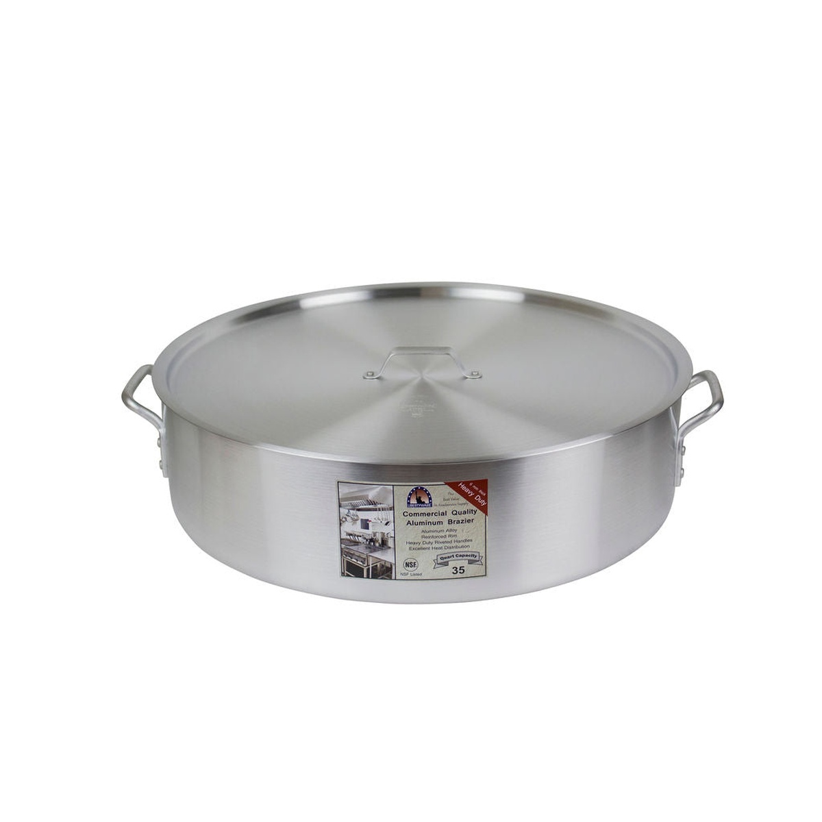 Libertyware BZR35H 35-quart aluminum brazier with cover on, front view