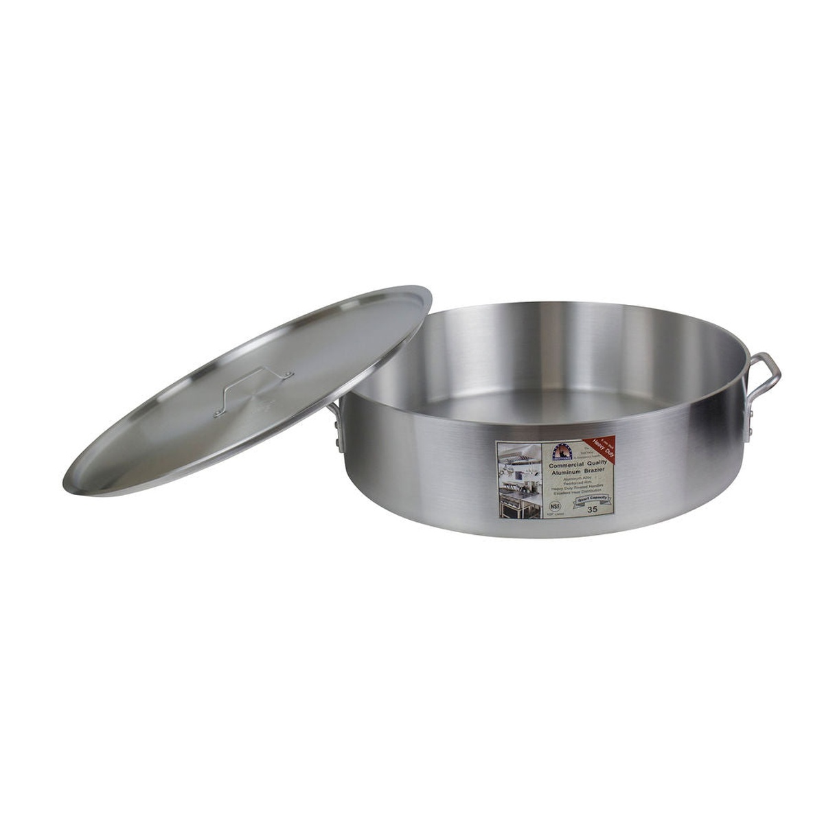 Libertyware BZR35H 35-quart aluminum brazier with cover leaning aside, showing wide interior cooking surface