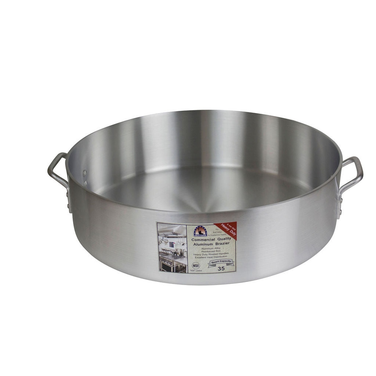 Libertyware BZR35H 35-quart aluminum brazier angled view showing deep interior and riveted side handles