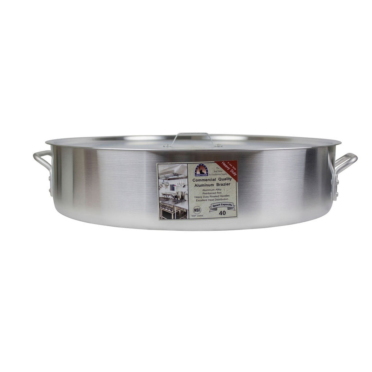 Libertyware BZR40H 40-quart aluminum brazier without cover, side view showing riveted handles and product label
