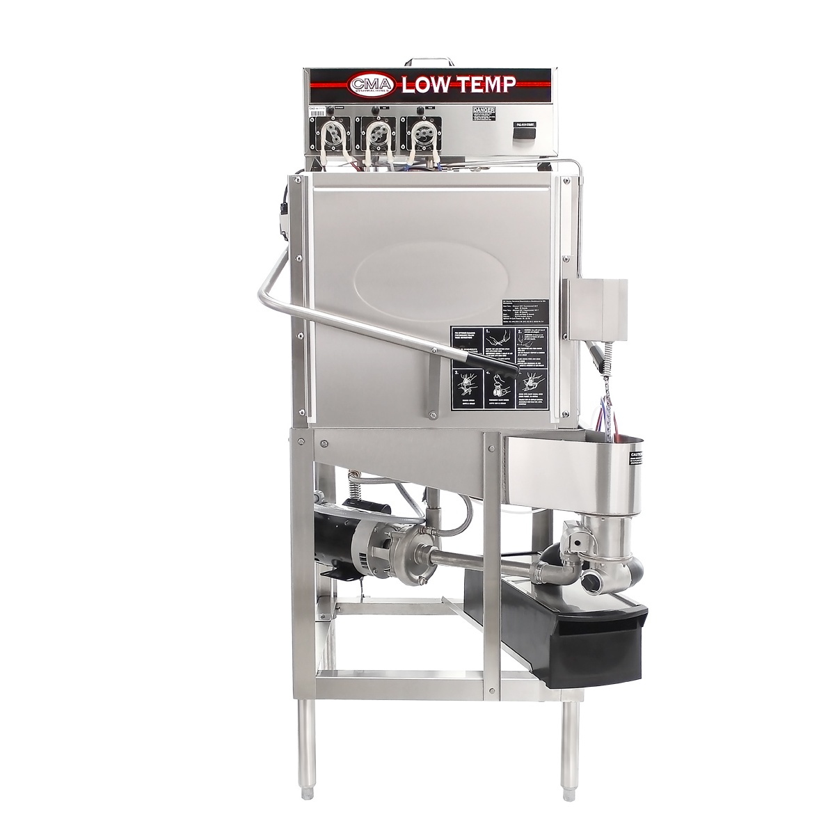 Front view of CMA Dishmachines Model C low temp dishwasher with chemical pump panel