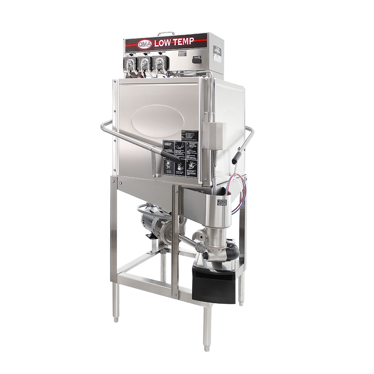 Angled view of CMA Dishmachines Model C corner dishwasher showing scrap accumulator area