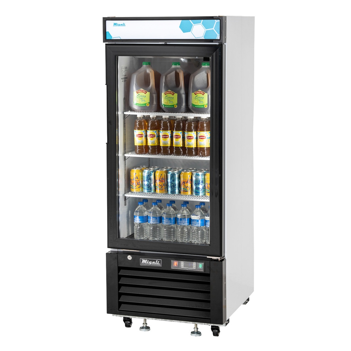 Migali C-10RM-HC single glass door merchandiser refrigerator stocked with beverages, showing bottom-mount compressor and illuminated canopy