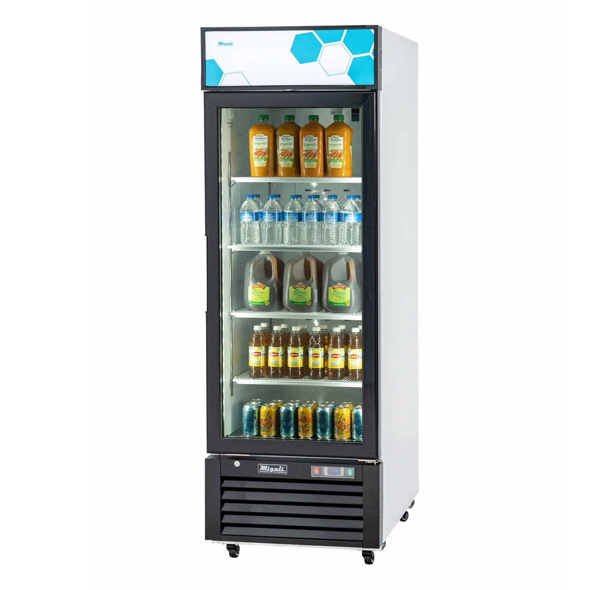 Migali C-12RM-HC single glass door merchandiser refrigerator stocked with beverages on five shelves, white exterior with illuminated canopy and bottom-mount compressor
