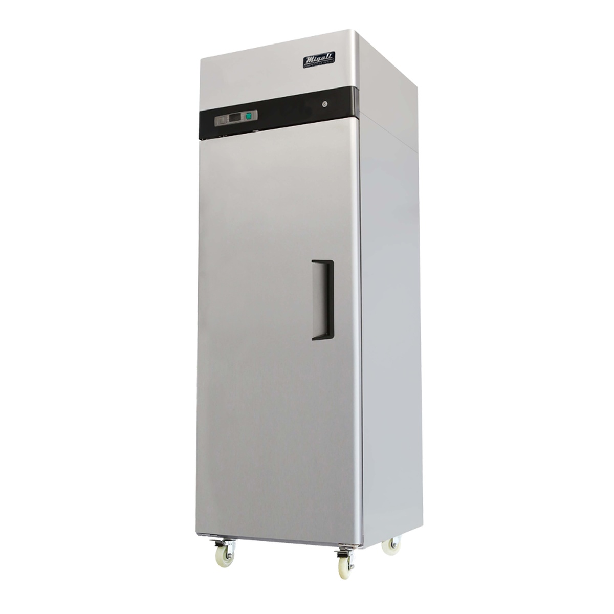 Migali C-1F-HC single solid door stainless steel reach-in freezer with top-mounted compressor, digital display, recessed handle, and pre-installed casters
