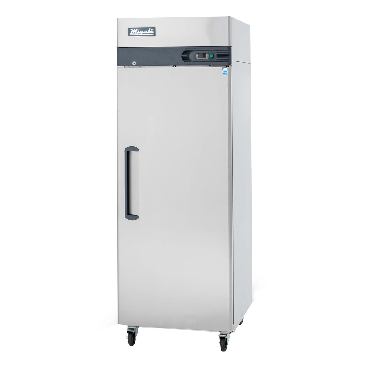 Migali C-1R-HC single solid door reach-in refrigerator with top mount compressor and stainless steel exterior on casters