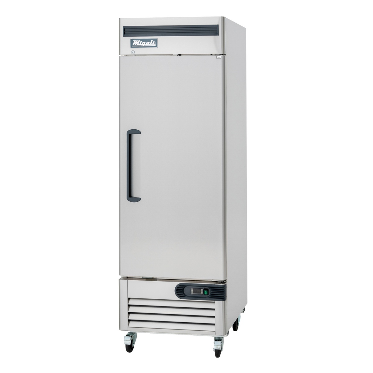 Migali C-1RB-HC single solid door reach-in refrigerator with bottom-mount compressor and casters