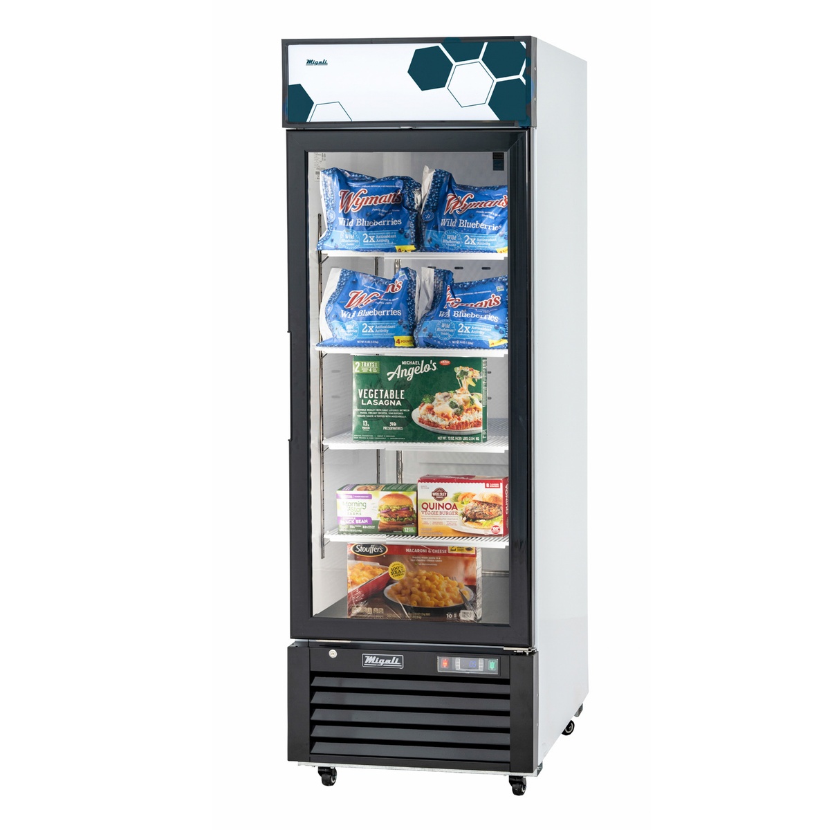 Migali C-23FM-HC single glass door merchandiser freezer with four shelves stocked with frozen food products and illuminated top display sign