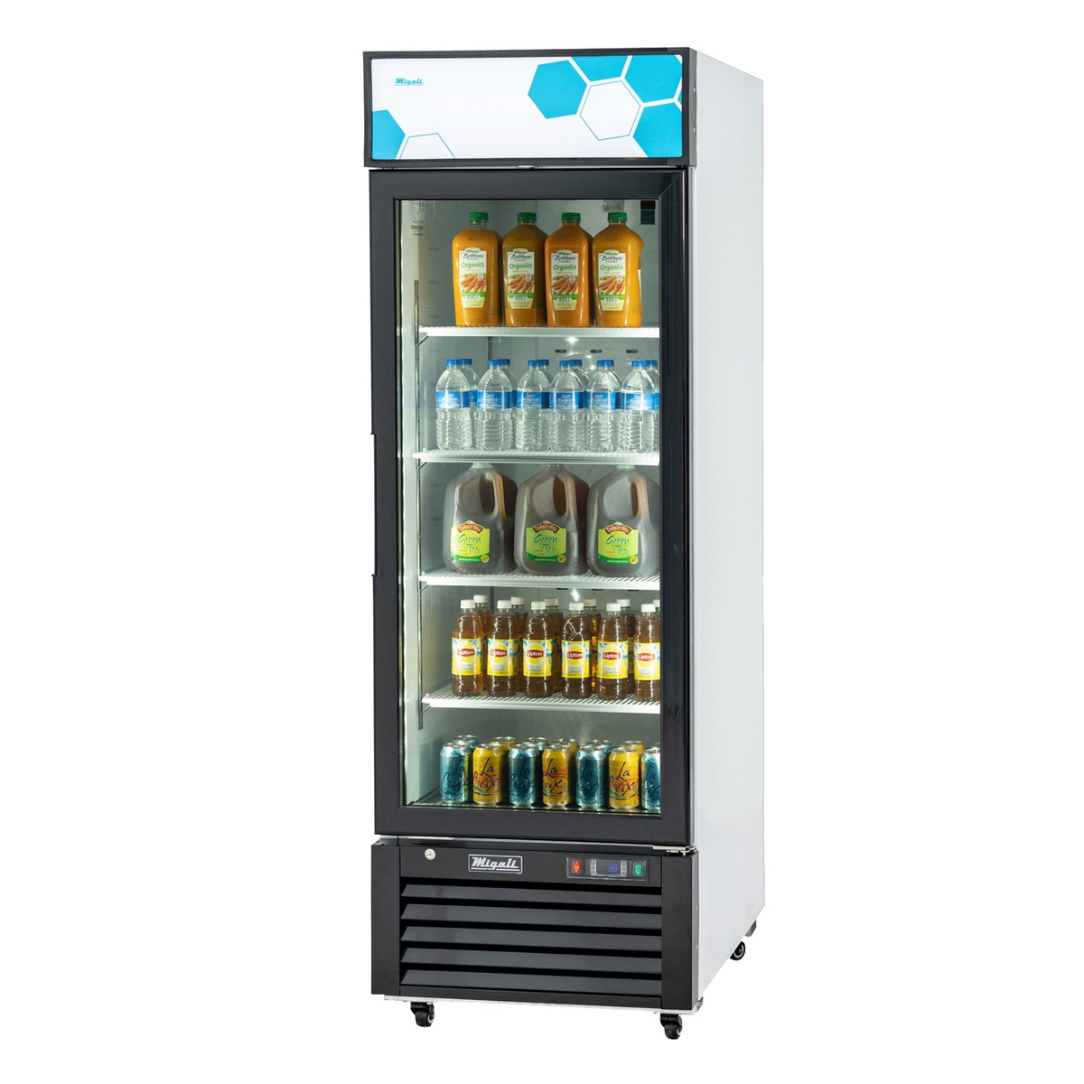 Migali C-23RM-HC single glass door merchandiser refrigerator stocked with beverages, showing 4 shelves, illuminated canopy, and bottom-mount compressor