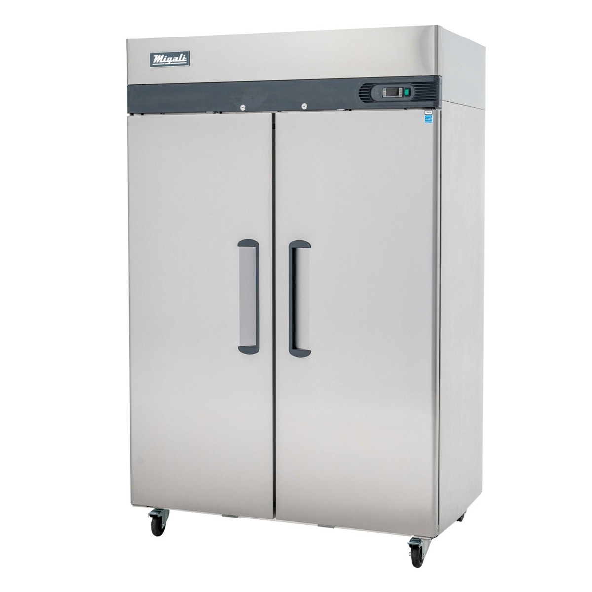 Migali C-2F-HC two-section stainless steel solid door reach-in freezer with top-mount compressor and pre-installed casters