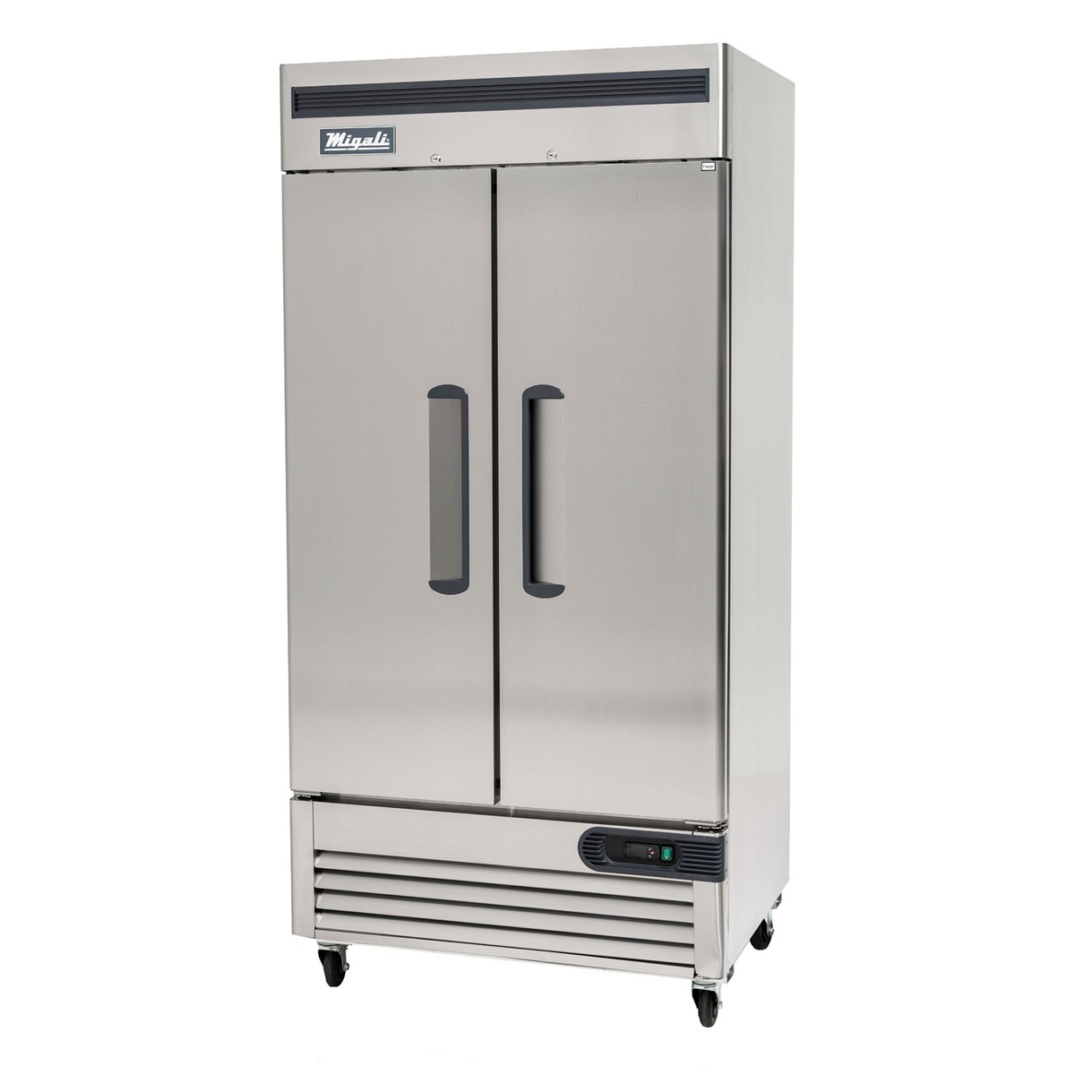 Migali C-2FB-35-HC two-section solid door reach-in freezer with bottom-mount compressor and pre-installed casters