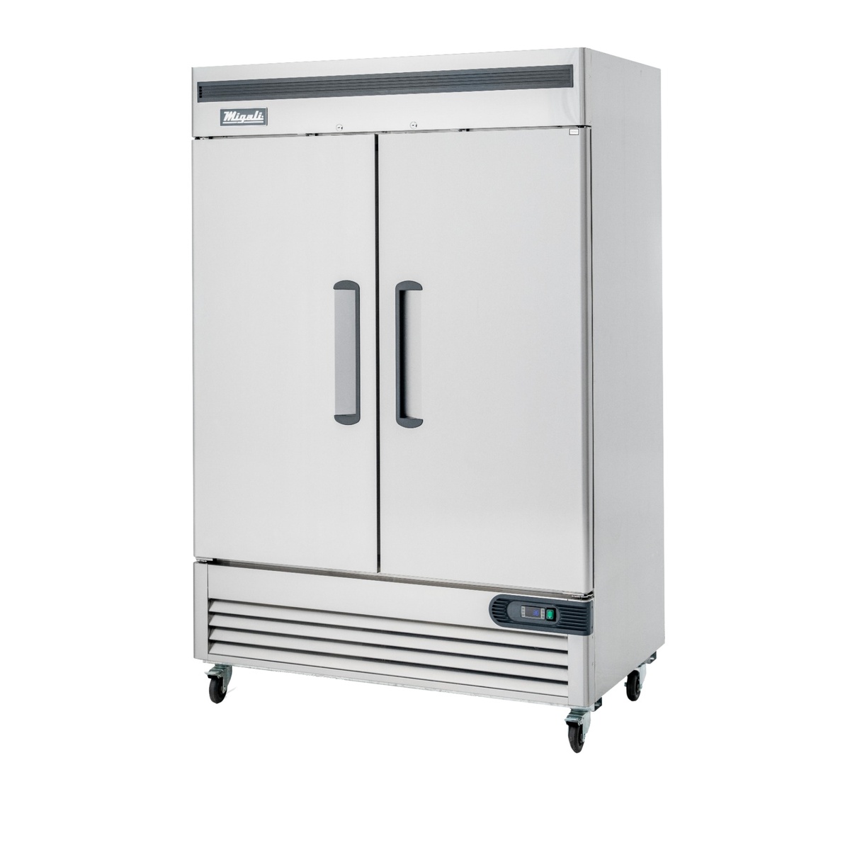 Migali C-2FB-HC two-door stainless steel reach-in freezer with bottom-mount compressor, digital display, and pre-installed casters