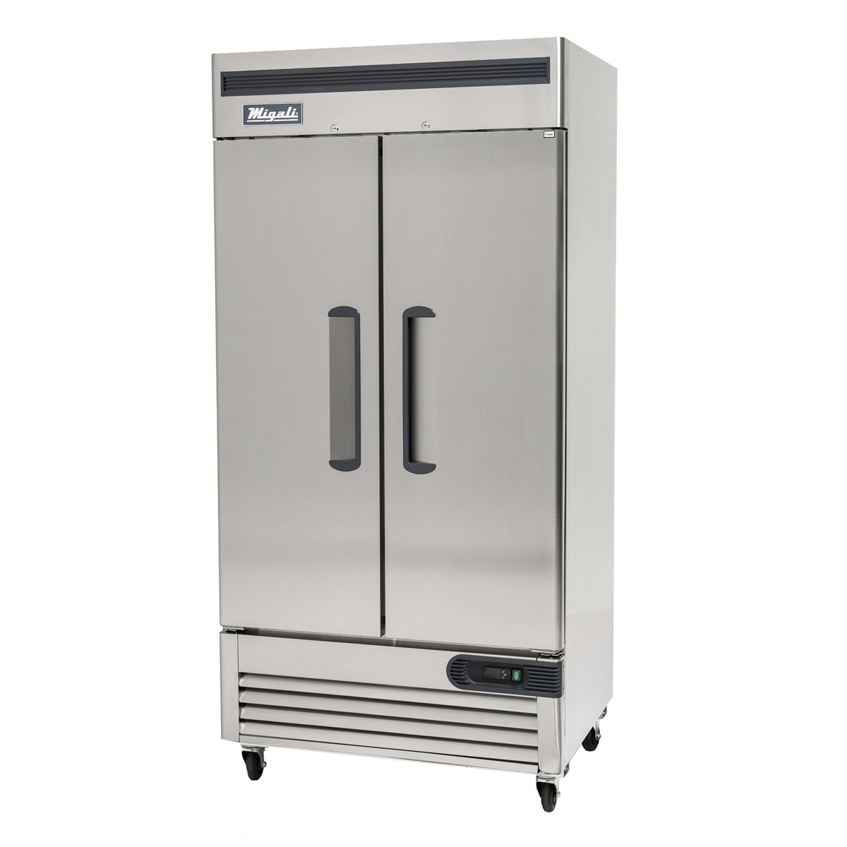 Migali C-2RB-35-HC two-door stainless steel reach-in refrigerator with bottom-mount compressor and digital display on casters