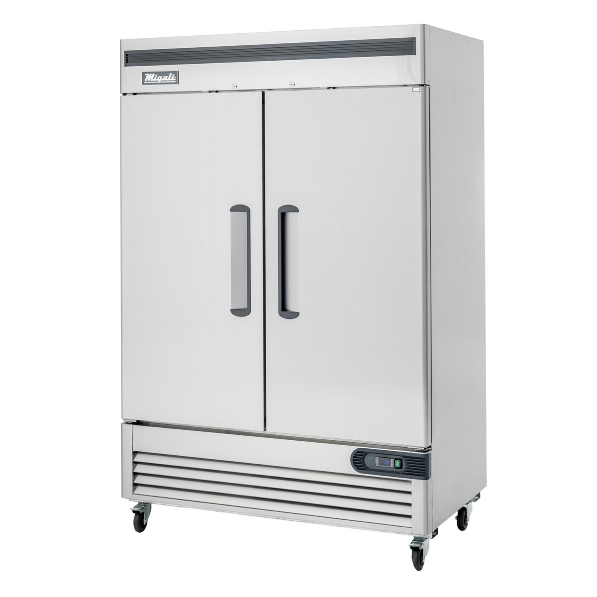 Migali C-2RB-HC two-door stainless steel reach-in refrigerator with bottom-mount compressor and pre-installed casters