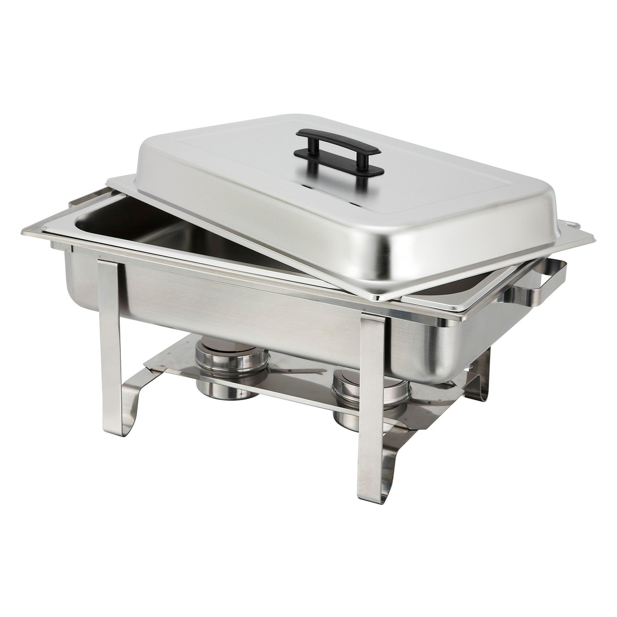 Winco C-3080B chafing dish with lid tilted open revealing the full-size food pan insert