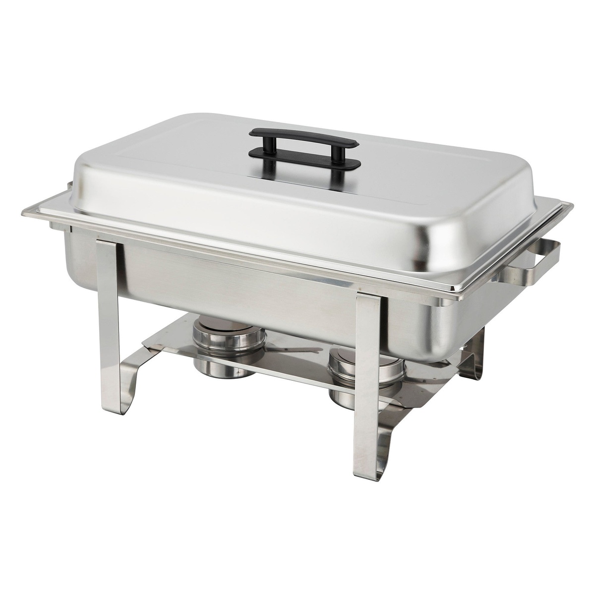 Winco C-3080B Newburg full-size stainless steel chafing dish with lid closed, stand, and dual fuel holders
