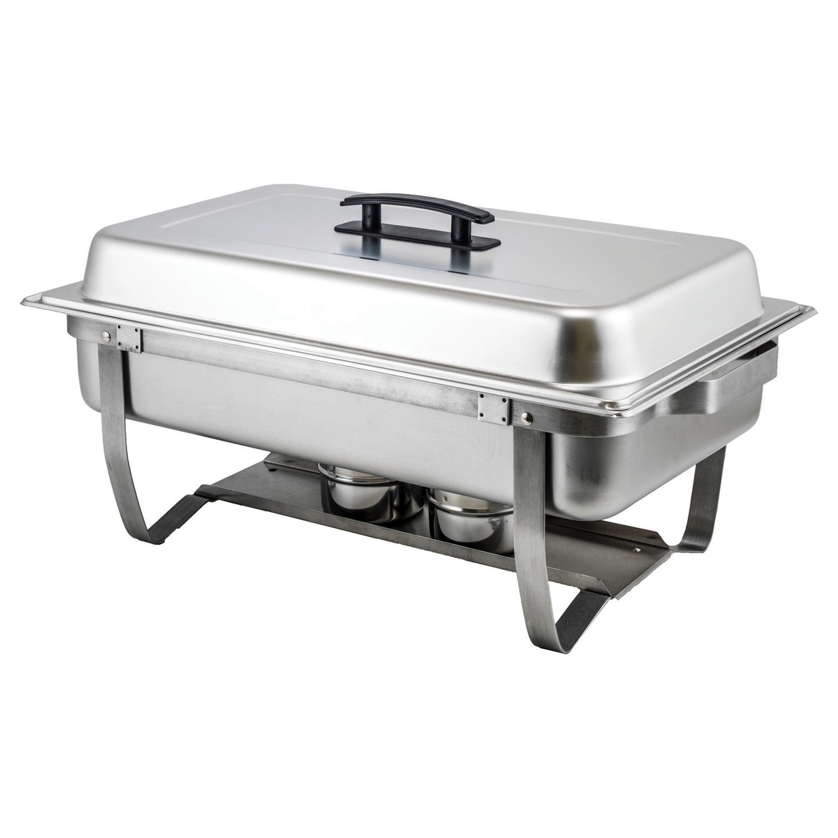 Winco full-size stainless steel chafer assembled with cover on folding stand
