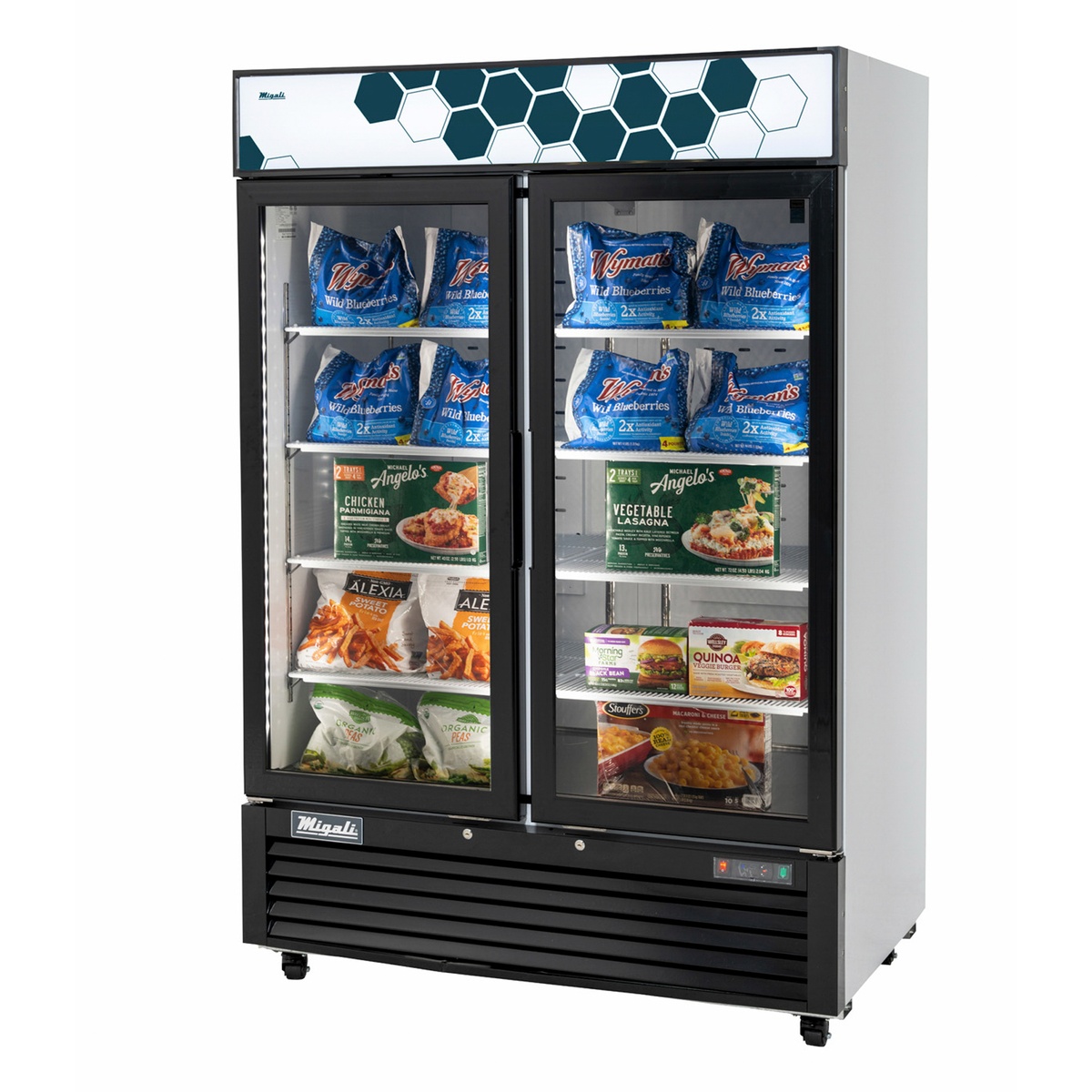 Migali C-49FM-HCE two-door glass merchandiser freezer with illuminated canopy and stocked wire shelves