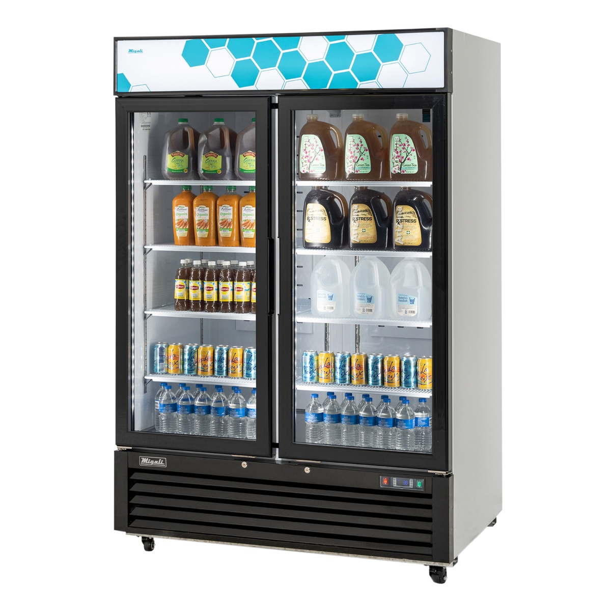Migali C-49RM-HC two-section glass door merchandiser refrigerator stocked with beverages and water bottles on adjustable wire shelves