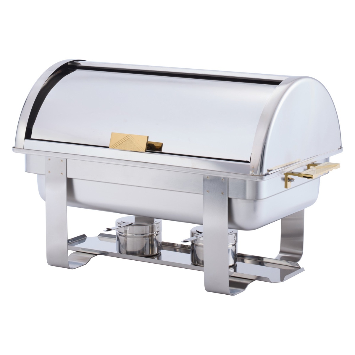 Winco Dallas 8-quart roll-top chafer in stainless steel with gold accents, angled view with cover closed